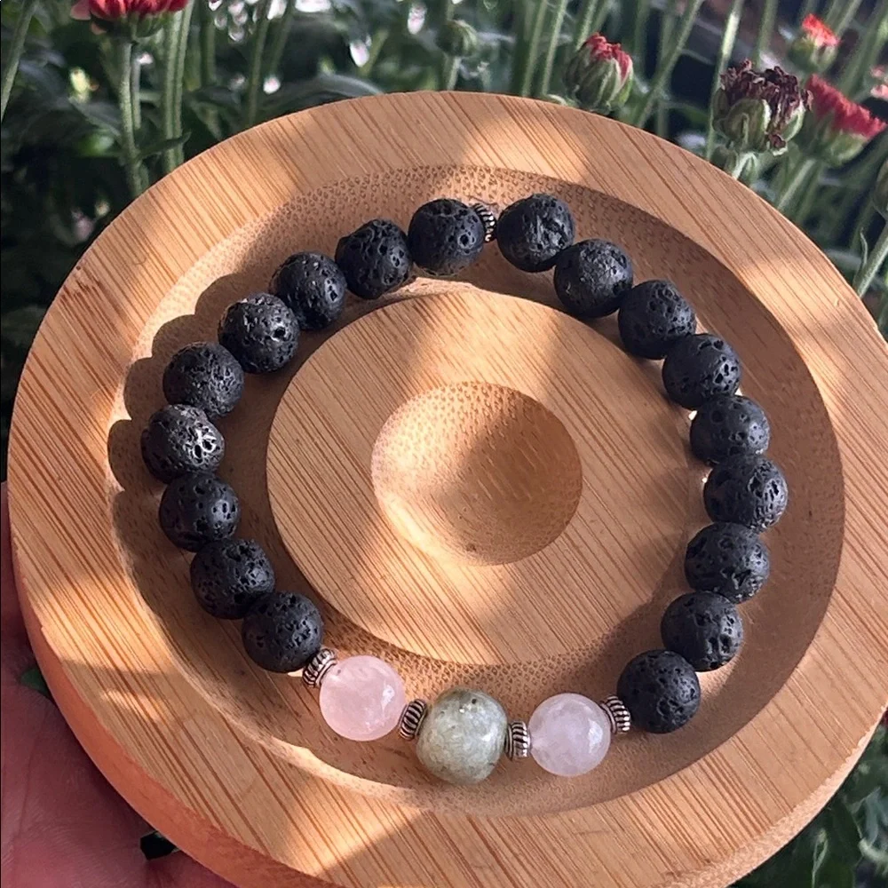 Handmade Labradorite + Rose Quartz Lava Bead Bracelet *